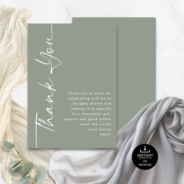 Rotated Calligraphy Sage Baby Shower Thank You Card (Front and back view)
