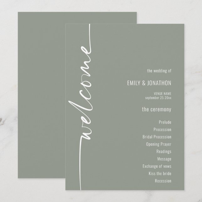 Rotated Calligraphy Sage Green Wedding Program (Front/Back)