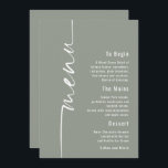 Rotated Calligraphy Sage Wedding Menu card<br><div class="desc">Rotated Calligraphy Sage Wedding Menu. Available digitally or printed. This modern design has Menu in elegant set script running up the left hand side and the rest of the text is aligned to the right which you can easily personalise. Text and background colours can be changed to any of your...</div>