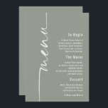 Rotated Calligraphy Sage Wedding Menu card<br><div class="desc">Rotated Calligraphy Sage Wedding Menu. Available digitally or printed. This modern design has Menu in elegant set script running up the left hand side and the rest of the text is aligned to the right which you can easily personalise. Text and background colours can be changed to any of your...</div>