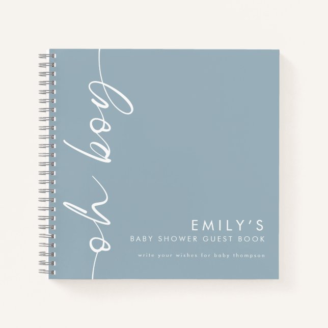 Rotated Dusty Blue Oh Boy Baby Shower Guest Book (Front)