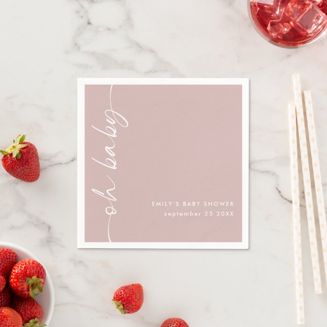 Rotated Script Name Dusty Rose Oh Baby Shower Napkin (Insitu)