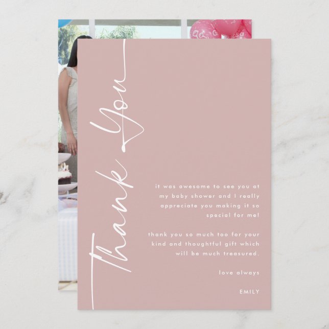 Rotated Text Photo Dusty Rose Baby Shower Thanks Card (Front/Back)
