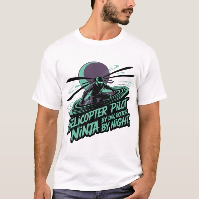 Rotor Ninja Pilot - Dramatic Black & Neon Teal Sil T-Shirt (Front)