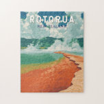 Rotorua New Zealand Illustration Travel Art Retro Jigsaw Puzzle<br><div class="desc">Rotorua retro vector travel design. Rotorua, a geothermal wonderland in New Zealand’s North Island, is famous for its bubbling mud pools, erupting geysers, and rich Māori culture.</div>