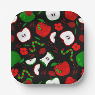 rotten red apples green worms black floral paper plate