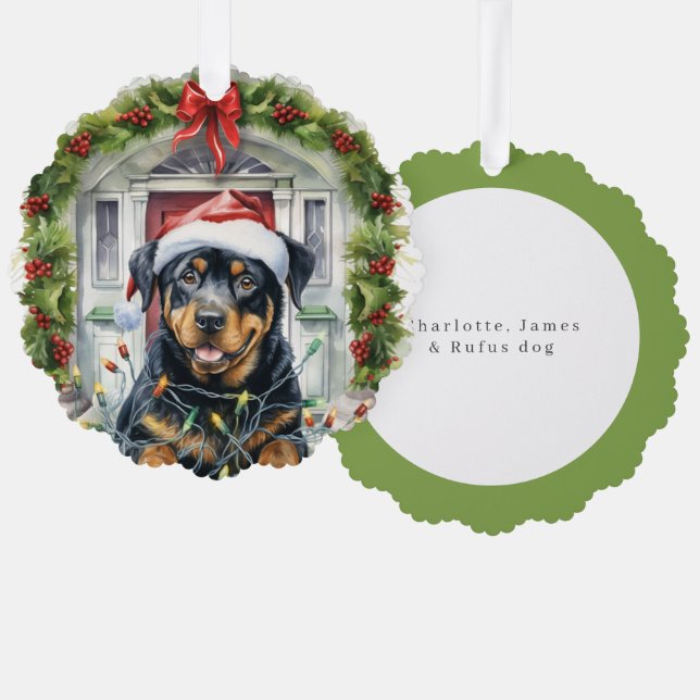 Rottie Dog in Santa Hat Front Door Christmas Ornament Card (Front/Back)