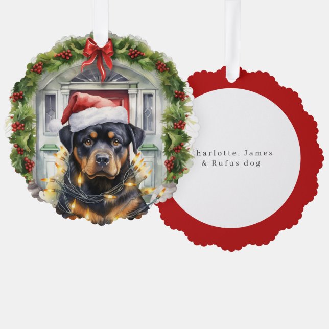 Rottie Dog in Santa Hat Front Door Christmas Ornament Card (Front/Back)