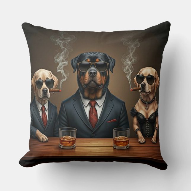 Rottie, Lab and Chihuahua Dog Meeting with Drinks Throw Pillow (Front)