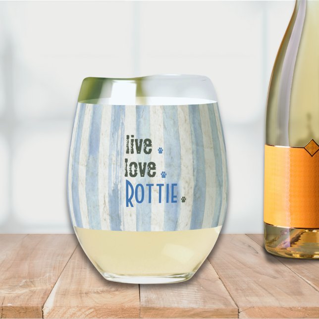 Rottie Mom Live Love Pawprint Stemless Wine Glass (Curl up with your Rottie and a glass of wine...relax)