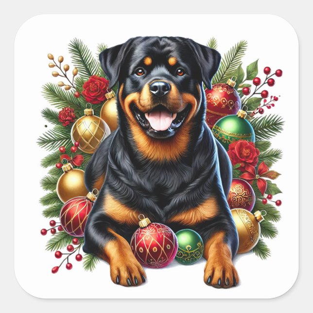 Rottweiler Amid Christmas Ornaments Square Sticker (Front)