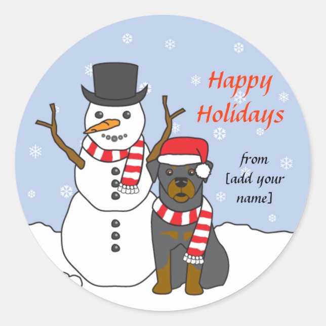 Rottweiler and Snowman Classic Round Sticker (Front)