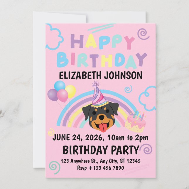 Rottweiler Birthday Invitation in Pink (Front)
