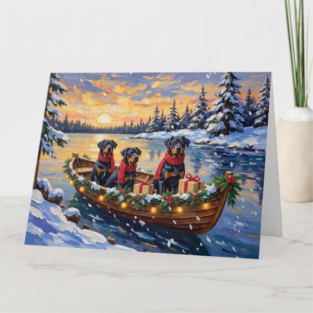 Rottweiler Christmas Boat Holiday Card (Front)