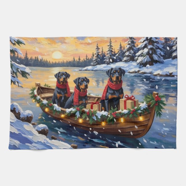 Rottweiler Christmas Boat Holiday Kitchen Towel (Horizontal)