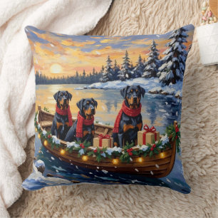 Rottweiler Christmas Boat Holiday Throw Pillow