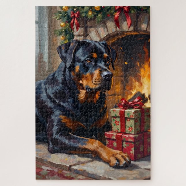 Rottweiler Christmas Fireplace Guardian Jigsaw Puzzle (Vertical)