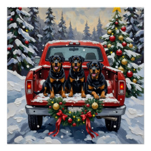 Rottweiler Christmas Red Truck Holiday Poster
