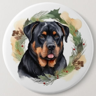 Rottweiler Christmas Wreath Festive Pup 6 Inch Round Button