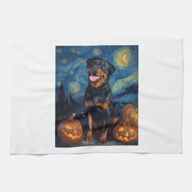 Rottweiler Cute Dog Halloween Jack O Lantern Pumpk Kitchen Towel (Horizontal)