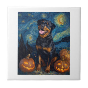 Rottweiler Cute Dog Halloween Jack O Lantern Pumpk Tile