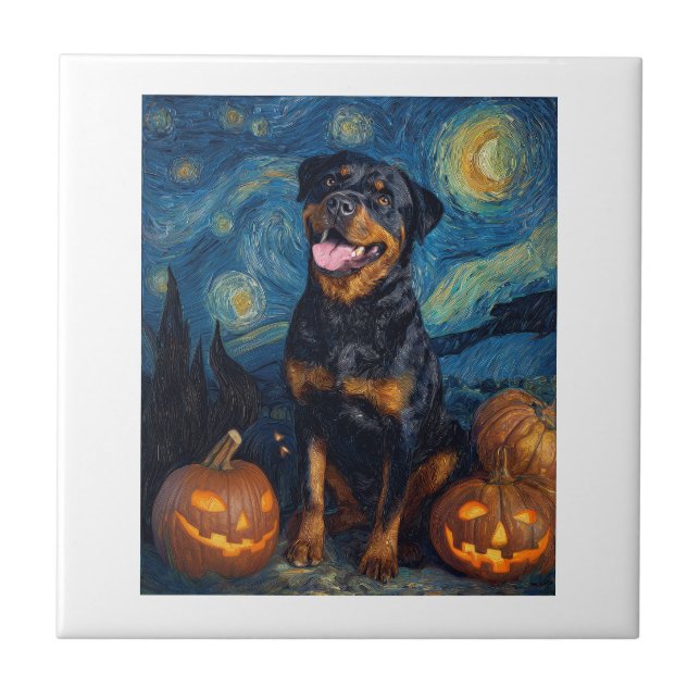 Rottweiler Cute Dog Halloween Jack O Lantern Pumpk Tile (Front)