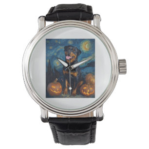 Rottweiler Cute Dog Halloween Jack O Lantern Pumpk Watch