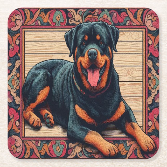 Rottweiler Dog 3D Stylish Colourful Border Square Paper Coaster (Front)
