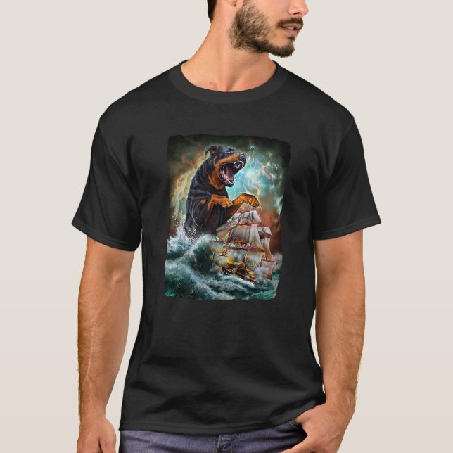 Rottweiler Dog As Kraken Attack A War Ship At High T-Shirt (Front)