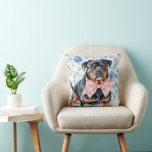 Rottweiler Dog Blue Toile Throw Pillow