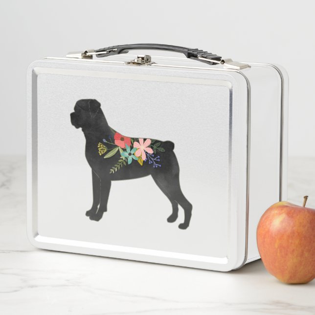Rottweiler Dog Breed  Boho Floral Silhouette Metal Lunch Box (In Situ)