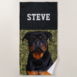 Rottweiler Dog Camo Animal Name Cool Rugged Puppy  Beach Towel