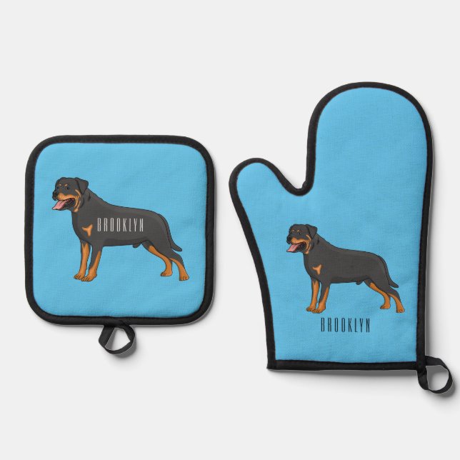 Rottweiler dog cartoon illustration oven mitt & pot holder set (Front)