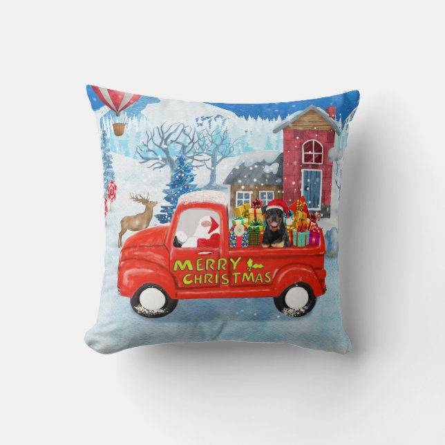 Rottweiler Dog Christmas Delivery Truck Snow  Throw Pillow (Front)