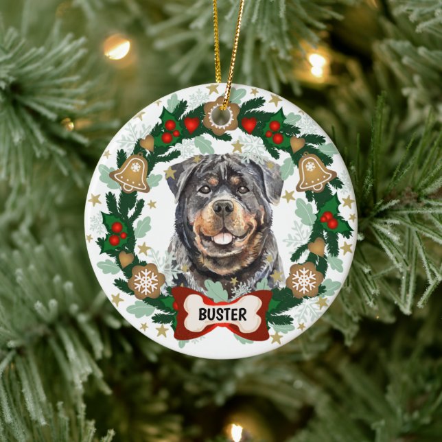 Rottweiler Dog Christmas Dog Cookie Wreath Ceramic Ornament (Tree)