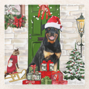 Rottweiler Dog Christmas Glass Coaster