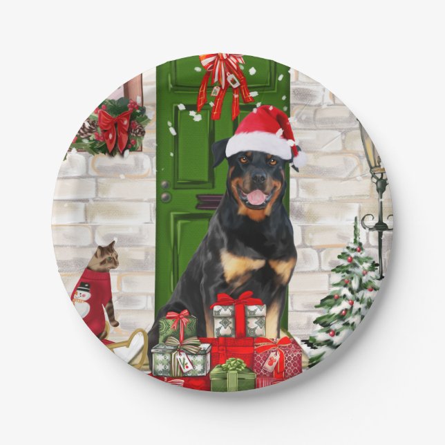 Rottweiler Dog Christmas  Paper Plate (Front)