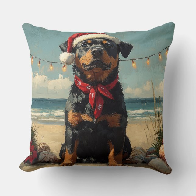 Rottweiler Dog Christmas Vintage Beach  Throw Pillow (Front)