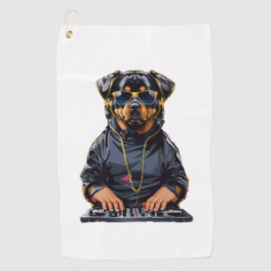 rottweiler Dog Dj with turntables and headphones Golf Towel