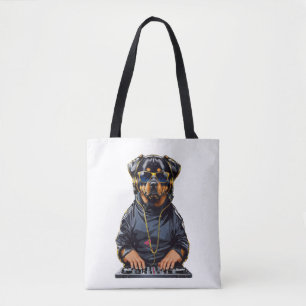 rottweiler Dog Dj with turntables and headphones Tote Bag