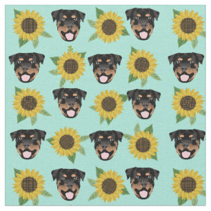 Rottweiler dog faces sunflowers mint fabric