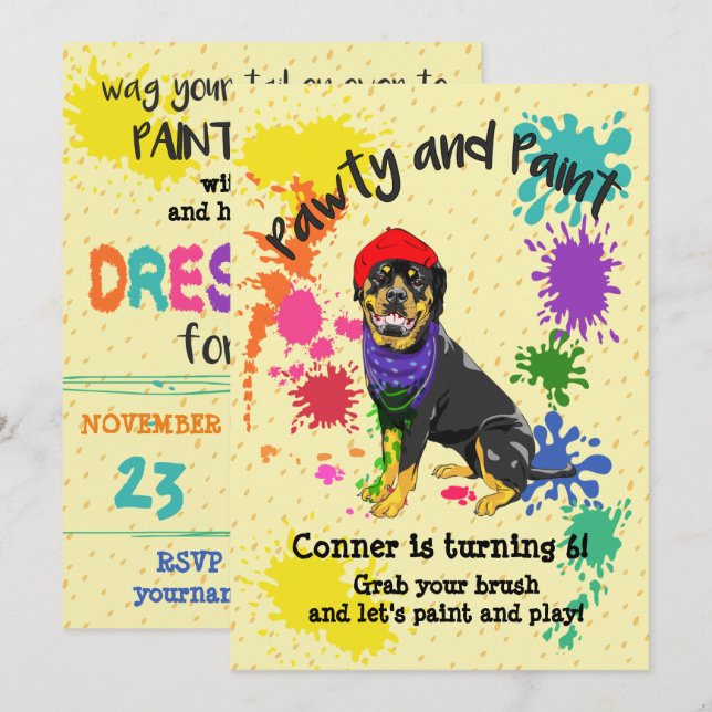 Rottweiler Dog Fun Art Birthday Party Invitation (Front/Back)