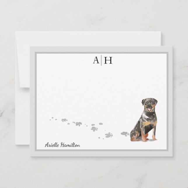 Rottweiler Dog Grey Border Monogram Personalized Card (Front)
