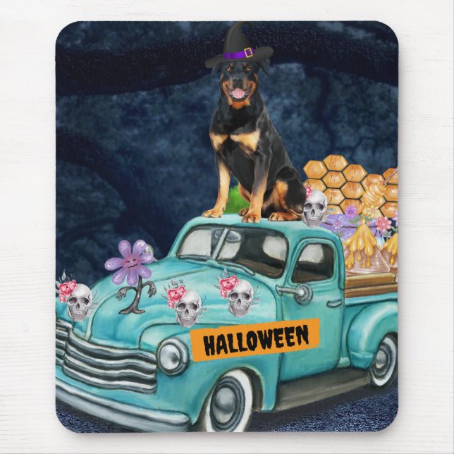 Rottweiler Dog Halloween Truck Scary Night Mouse Pad (Front)