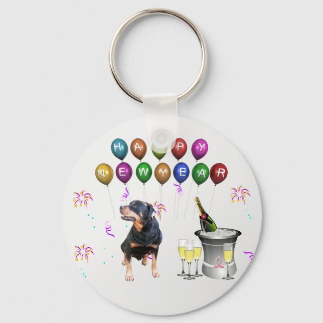 Rottweiler Dog Happy New Year Keychain (Front)