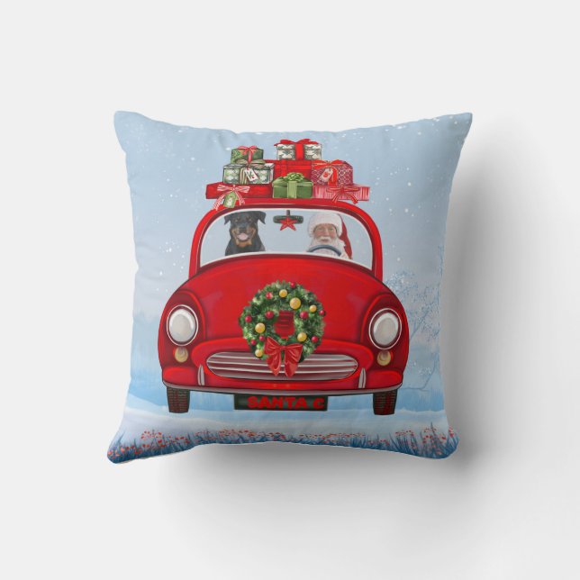 Rottweiler Dog In Car With Santa Claus Throw Pillow (Back)