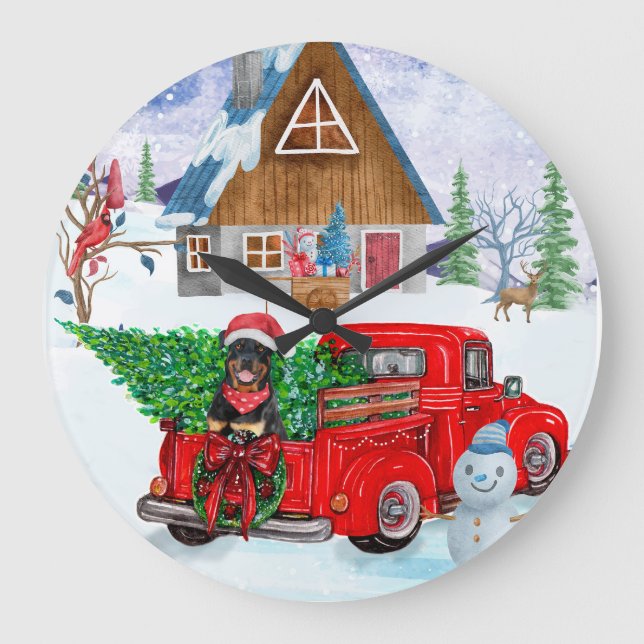 Rottweiler Dog In Christmas Delivery Truck Snow Large Clock (Front)