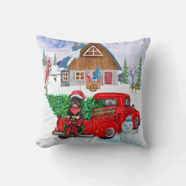 Rottweiler Dog In Christmas Delivery Truck Snow Throw Pillow (Front)
