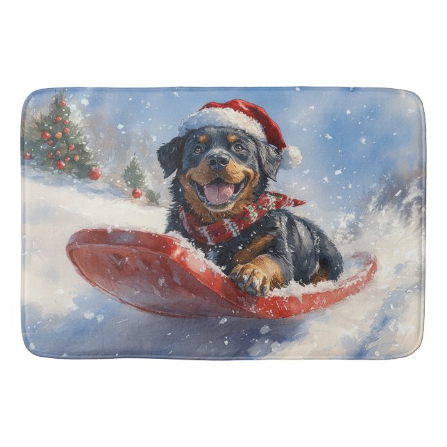 Rottweiler Dog in Sledge Let it Snow Christmas Bath Mat (Front)