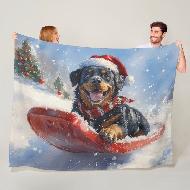 Rottweiler Dog in Sledge Let it Snow Christmas Fleece Blanket (In Situ)